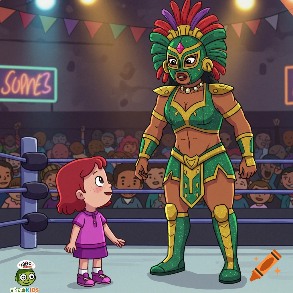A 2D cartoon showing a small girl looking up at a tall, powerful female masked wrestler in a wrestling ring, with a crowd in the background.