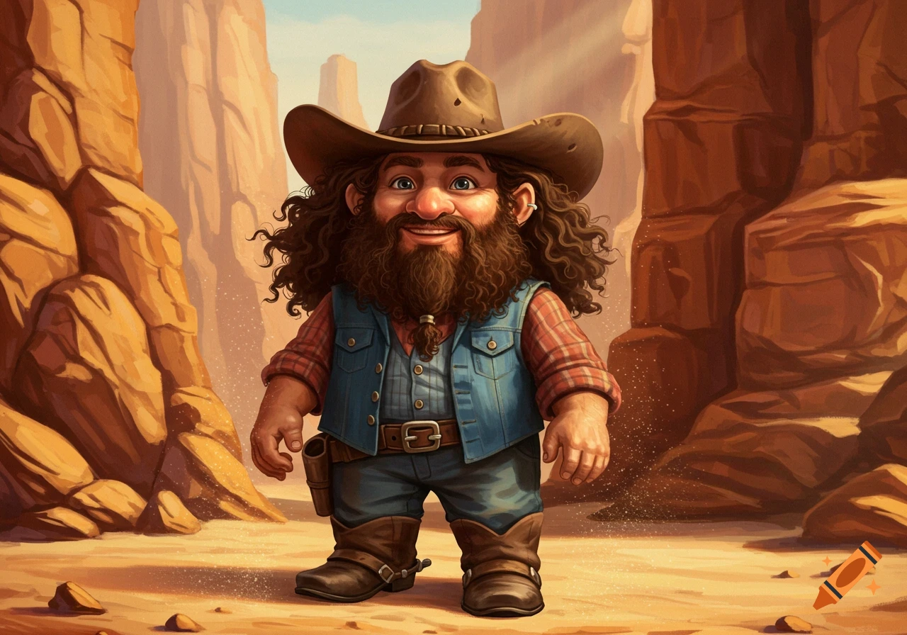 A happy dwarf-like character with a long beard and curly hair, wearing a cowboy hat and western clothes, standing in a desert canyon.