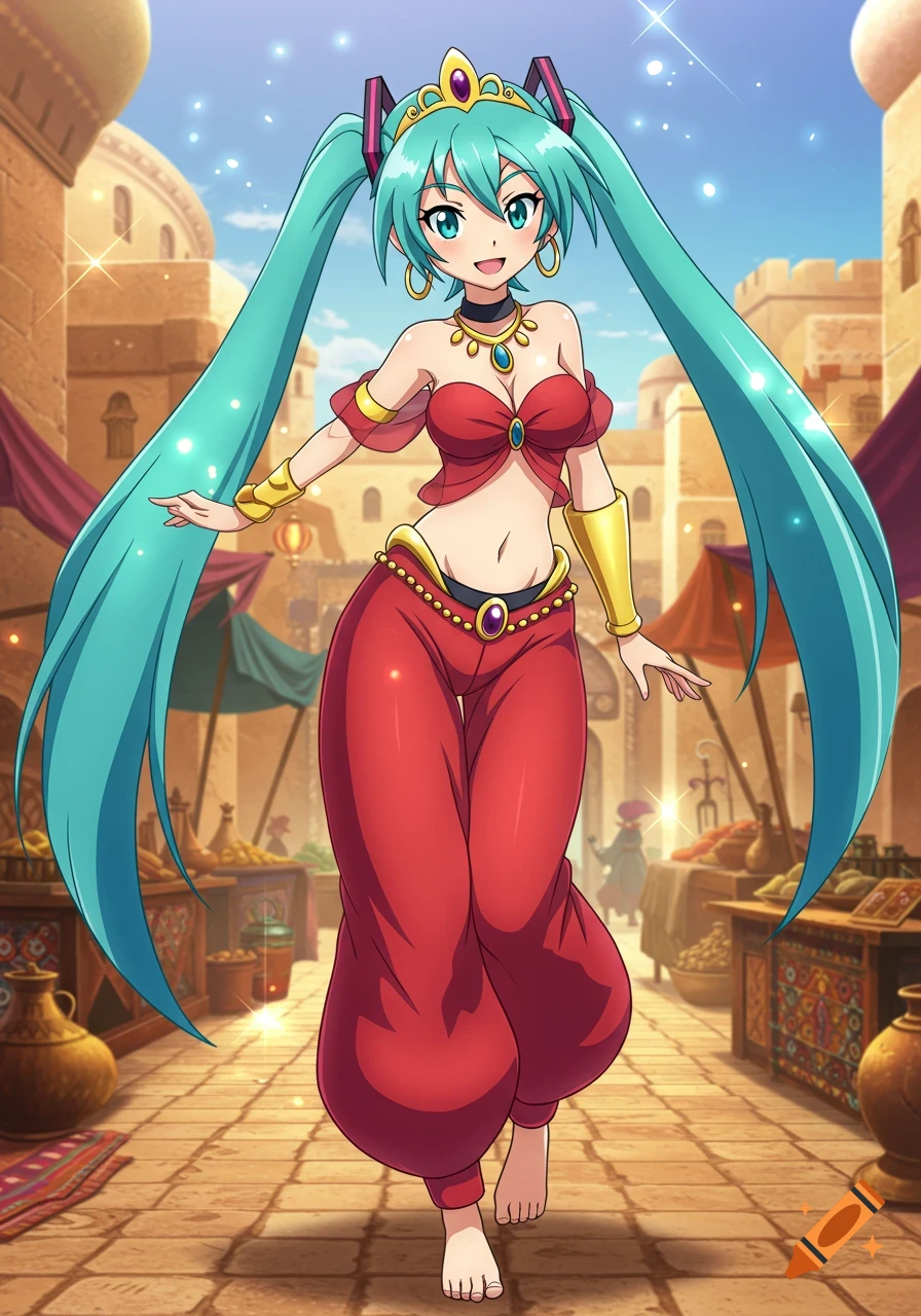 Anime character Hatsune Miku in a red genie outfit with long turquoise pigtails, standing in a bustling desert market.