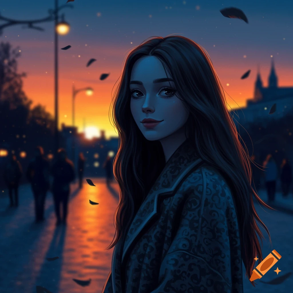 A stylized portrait of a young woman with long dark hair in a patterned coat, standing on a street at sunset with blurry figures and city buildings in the background.