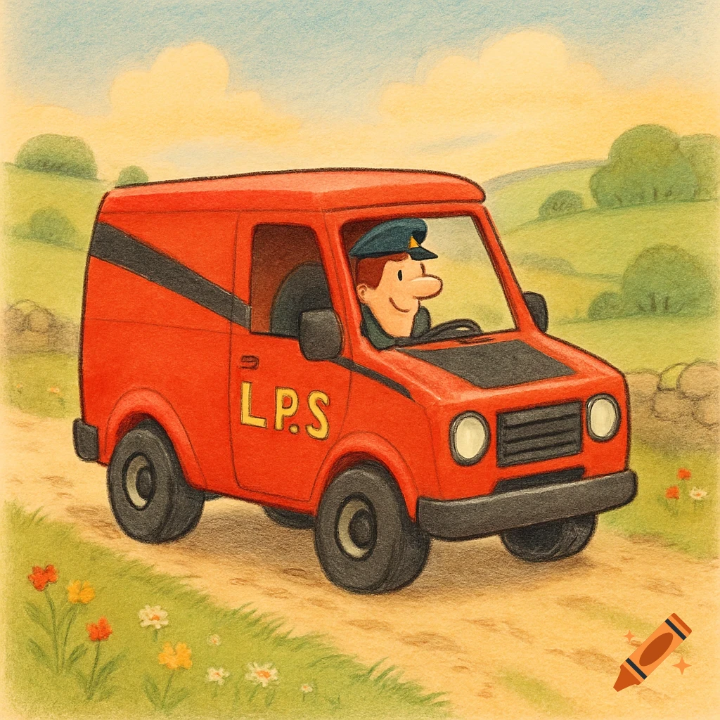 A colorful cartoon drawing of a red mail van with 'L.P.S.' on its side, driven by a smiling man in a blue hat, on a dirt road in the countryside.