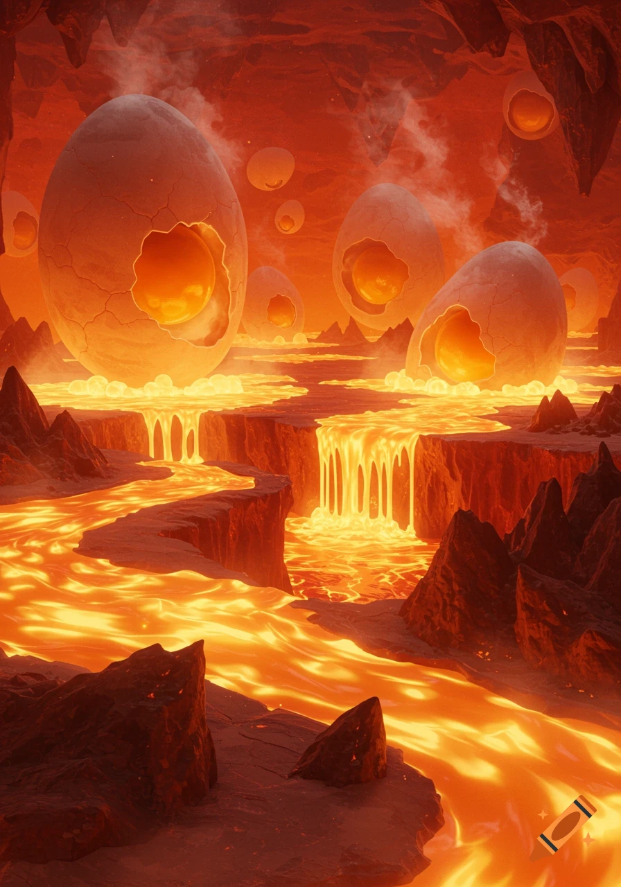 A fiery hellscape with rivers and waterfalls of glowing lava, jagged rocks, and large cracked eggs emanating light and steam in the background.