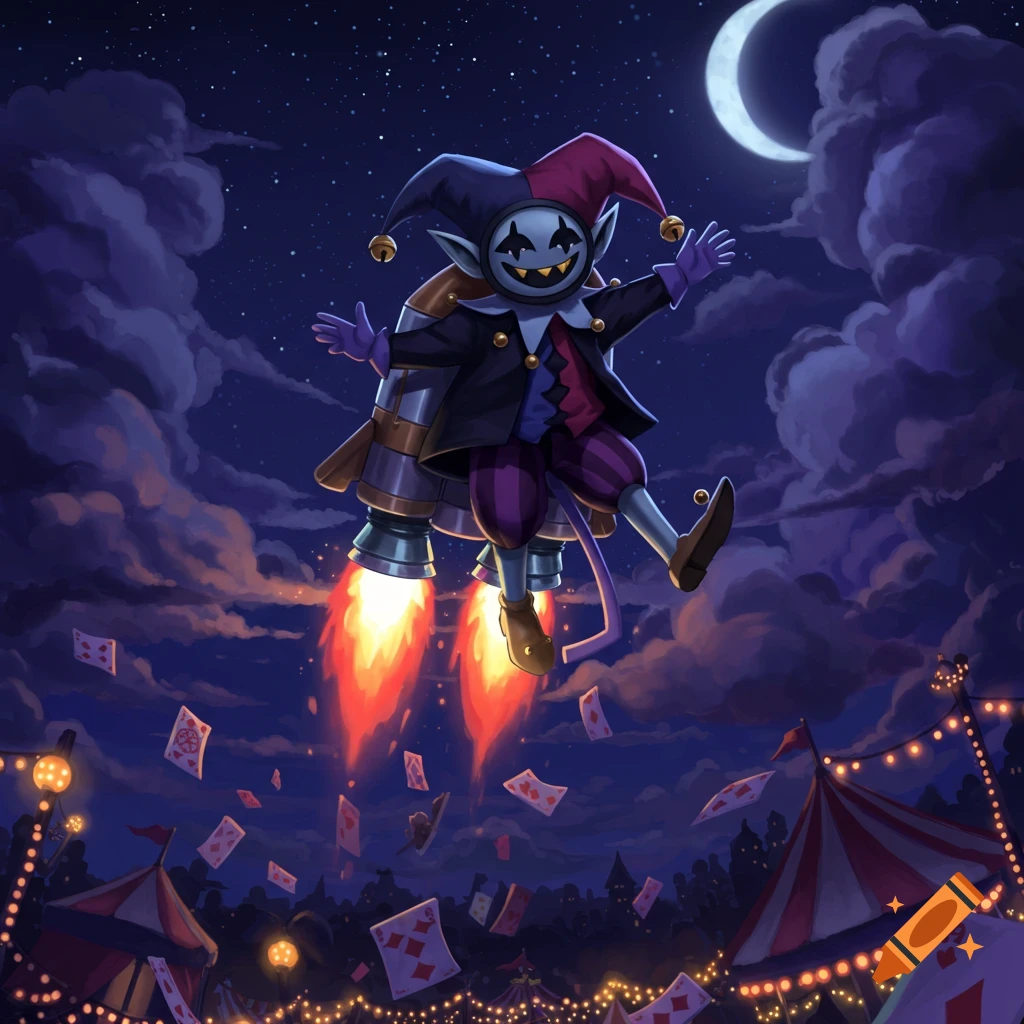 Jevil, a jester-like character with a jetpack, flies above a vibrant carnival at night under a crescent moon.