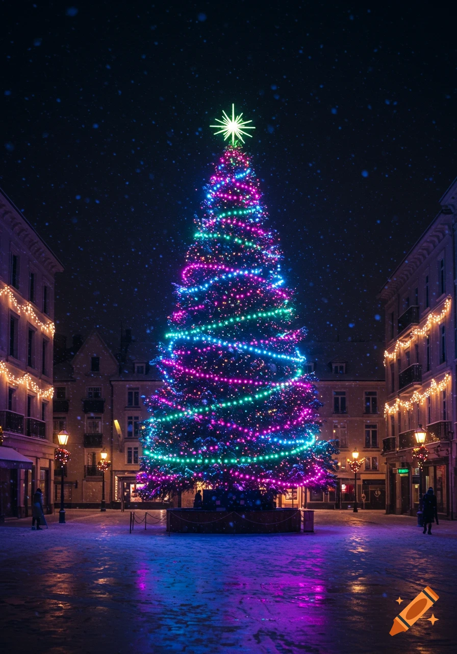 A large Christmas tree decorated with vibrant neon lights stands in a snowy town square at night, surrounded by illuminated buildings.