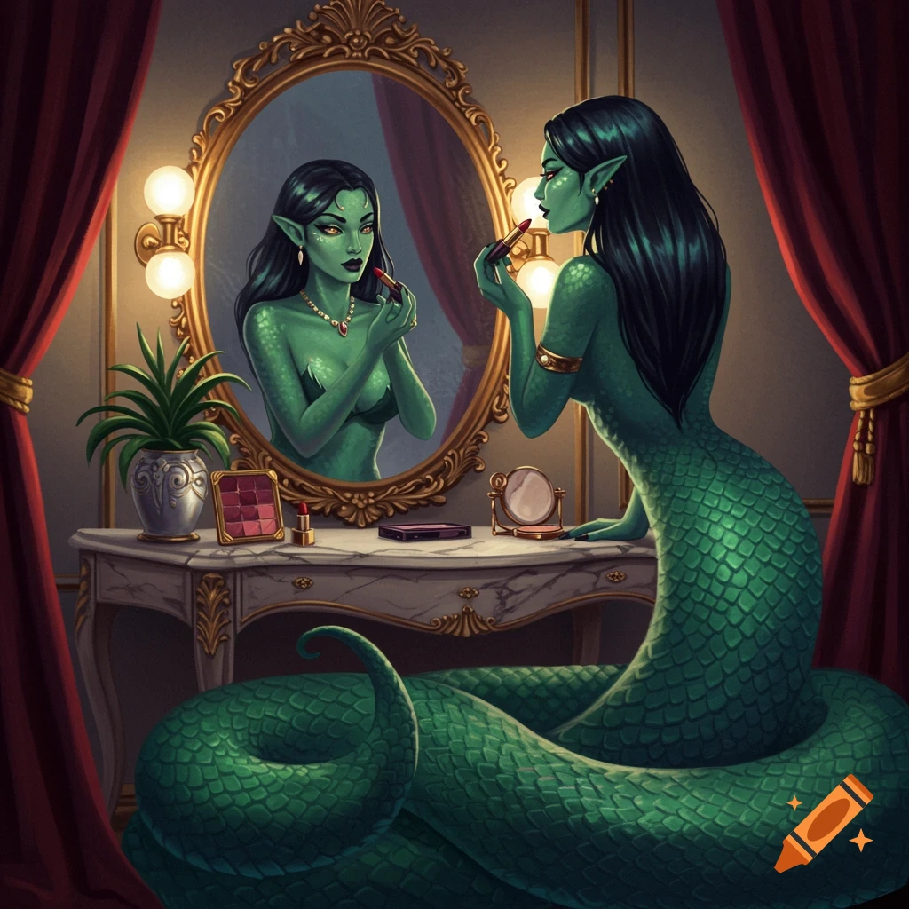 A green snake lady applies red lipstick while looking into an ornate mirror on a dressing table.