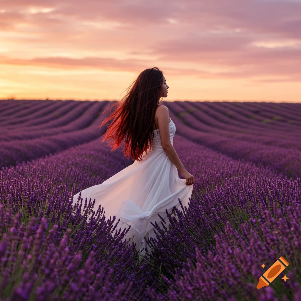 A woman in a white dress stands in a vast lavender field at sunset, her long hair blowing in the wind.