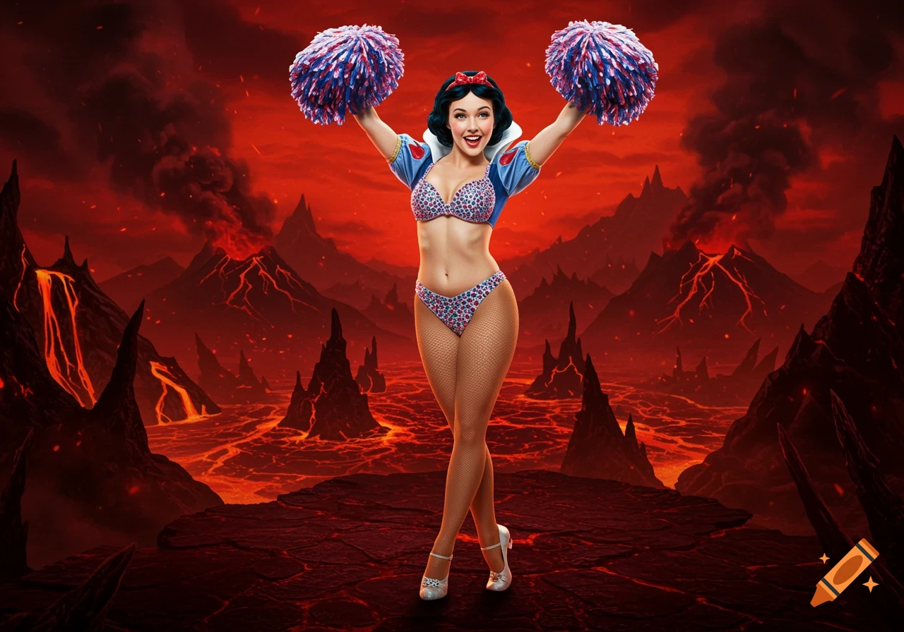 A woman dressed as Snow White in a bikini and fishnet stockings holds pom-poms in a fiery, volcanic landscape.