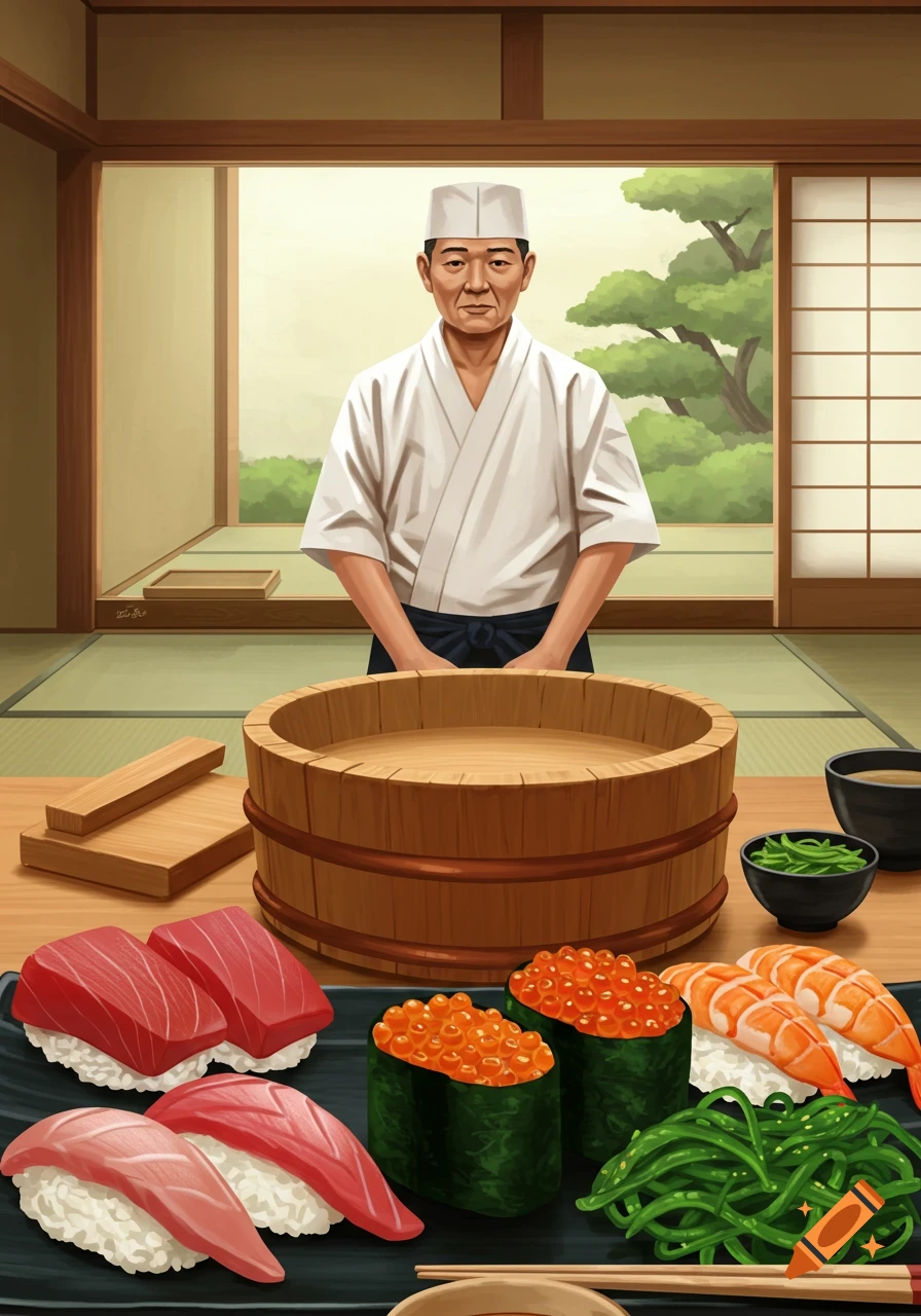 A Japanese sushi chef stands in a traditional room behind a hangiri, with various sushi dishes on a table in the foreground. Illustrated style.