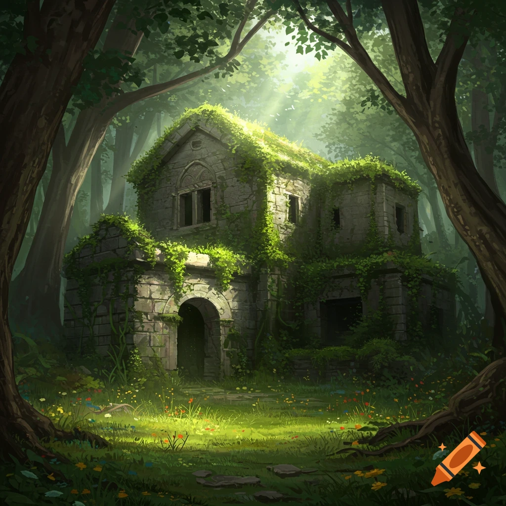 An old, stone building heavily overgrown with moss and vines, nestled in a sun-dappled forest clearing with wildflowers.