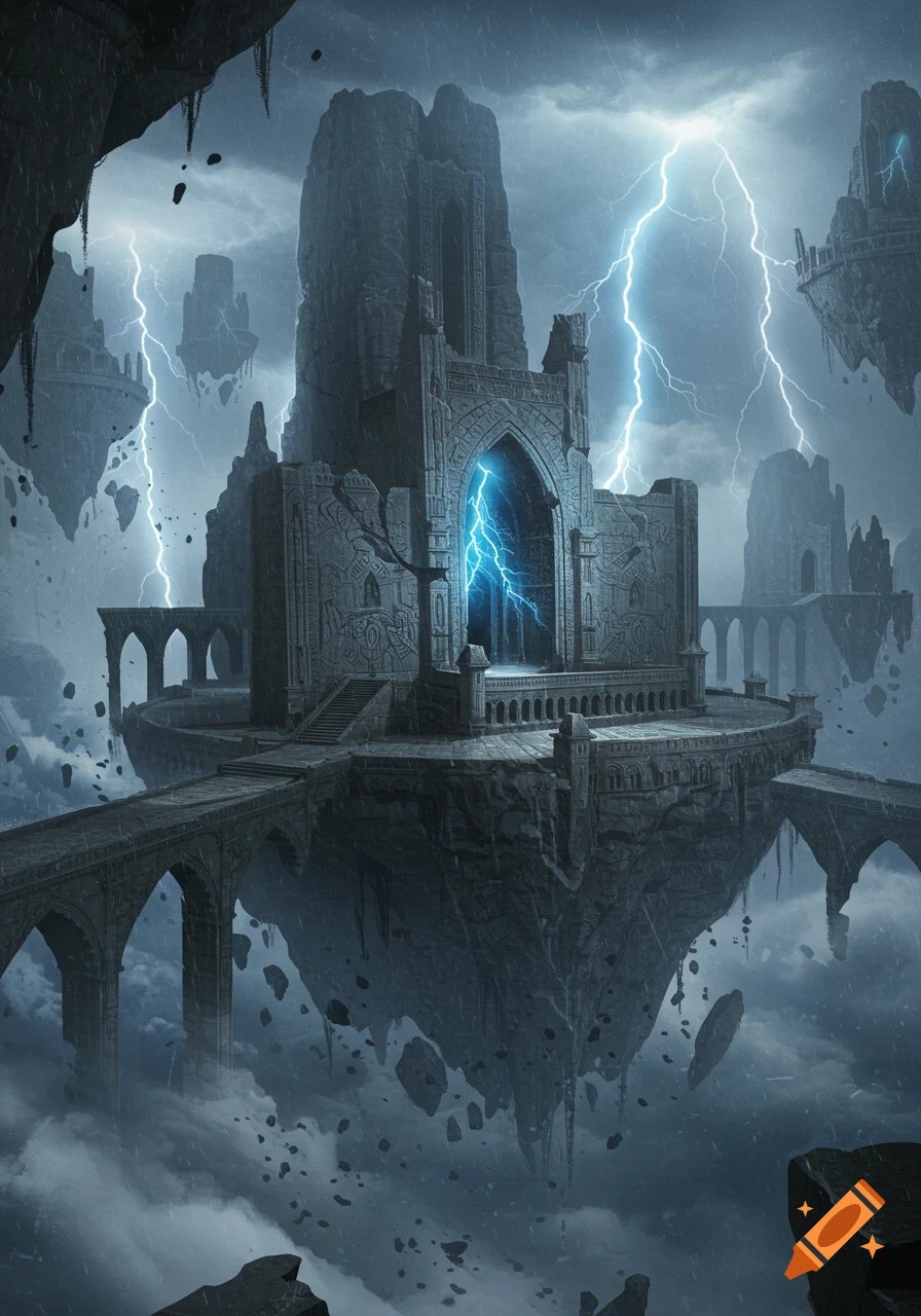 A crumbling fantasy city with ancient stone structures floating in a stormy sky, illuminated by bright lightning.