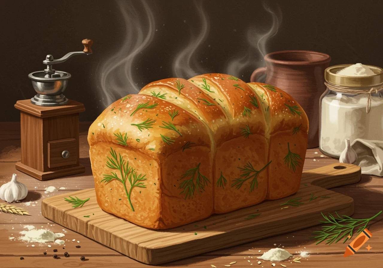 A still life illustration of a steamy loaf of dill bread on a wooden cutting board with a grinder, flour, and garlic.