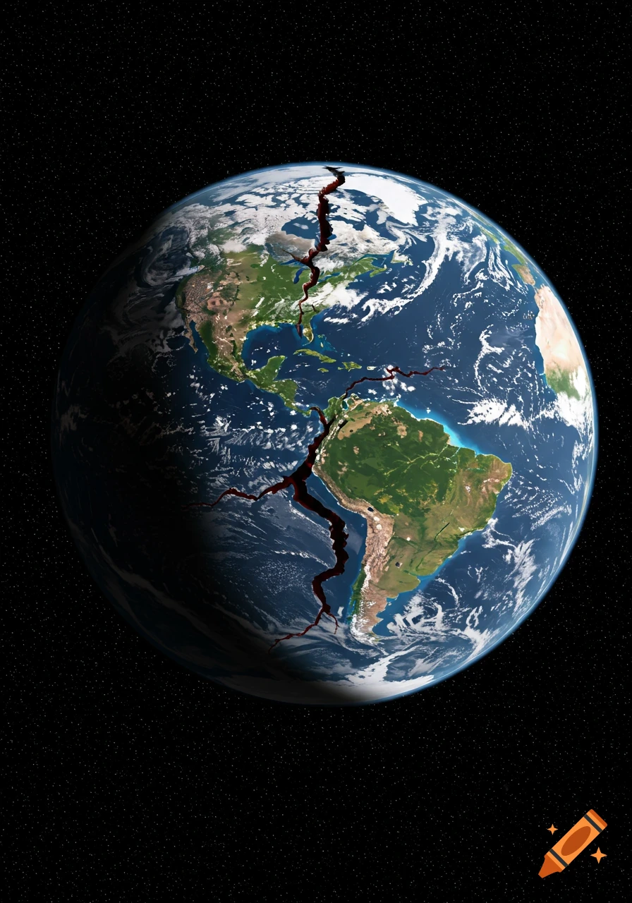 Earth fractured and cracking open, seen from space with a black starry background. Rifts extend across continents and oceans.
