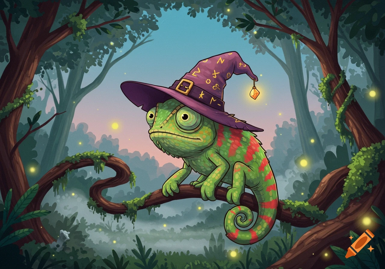 A cartoon chameleon wearing a pointed witch's hat sits on a tree branch in a misty forest at dusk.