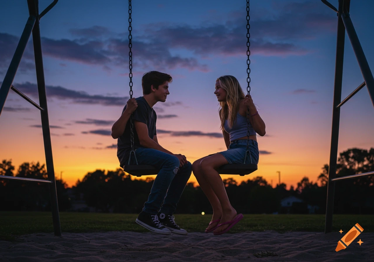 A teenage couple sits on swings at sunset in a park, facing each other under a purple and orange sky.