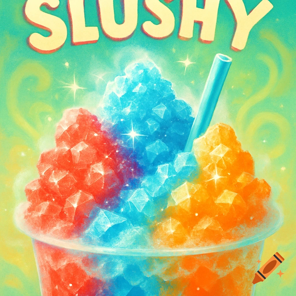 A vibrant, colorful illustration of a three-flavored slushy drink in a clear cup with a blue straw. The word SLUSHY is at the top.