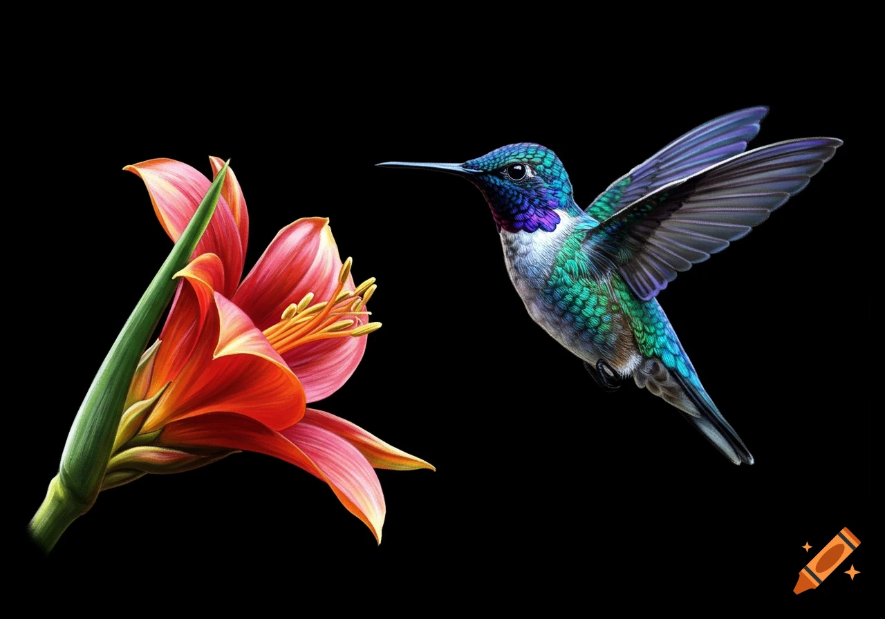 A colorful iridescent hummingbird hovers in front of a red and orange lily flower, set against a dark black background.