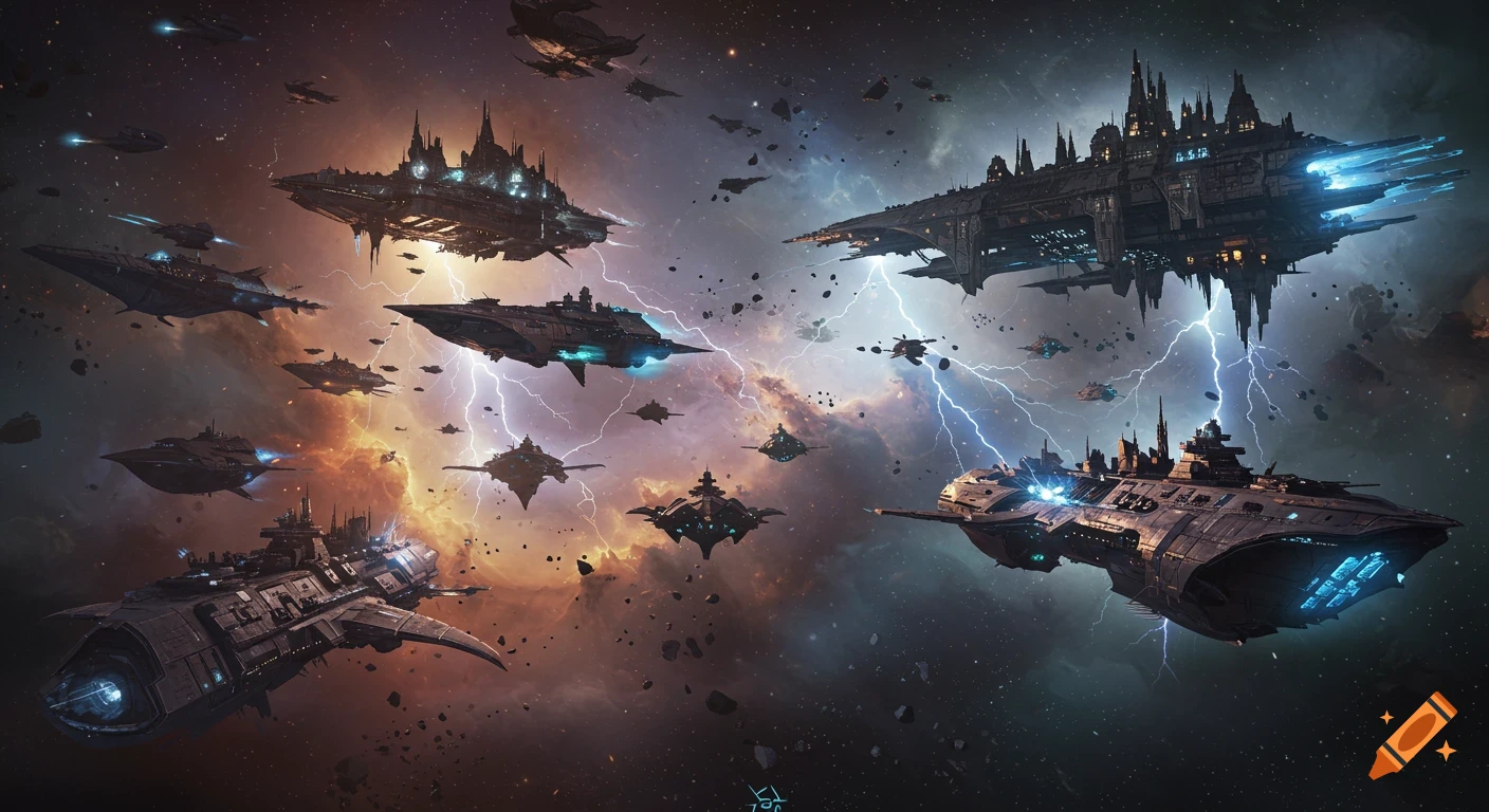 A colossal space battle with futuristic warships and city-ships amidst swirling nebulae, cosmic lightning, and debris.