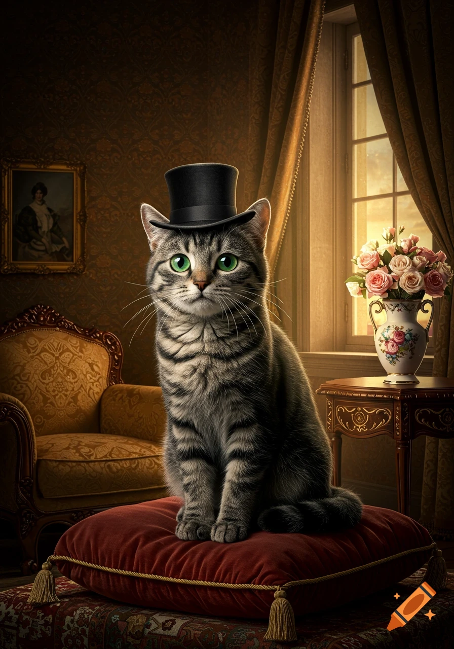 A photorealistic tabby cat with green eyes wears a black top hat, sitting on a red velvet cushion in a richly decorated room.