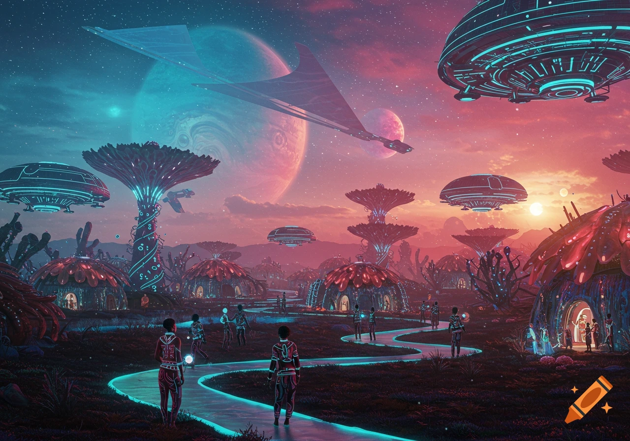 Vibrant afrofuturistic colony on an alien world with glowing pathways, unique flora, domed buildings, and flying spacecraft under a multicolored sky.