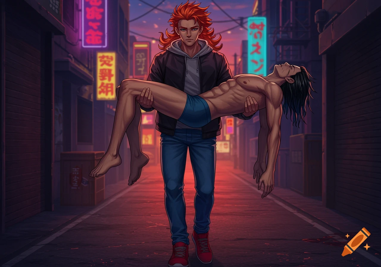 An anime man with red hair in a hoodie carries an unconscious, shirtless man in blue briefs down a neon-lit city alley at dusk.