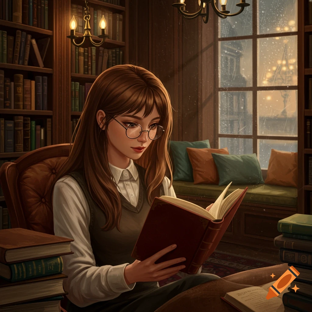 An anime-style woman with long brown hair and glasses reads a book in a cozy library with large windows overlooking a snowy scene.