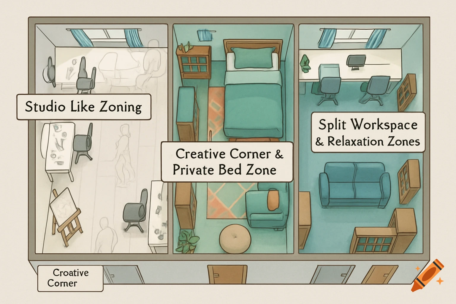 An illustrated bird's eye view of three side-by-side room layouts: a studio-like zoning area, a creative corner with a private bed zone, and a split workspace with relaxation zones. The image shows furniture arrangement for each area.