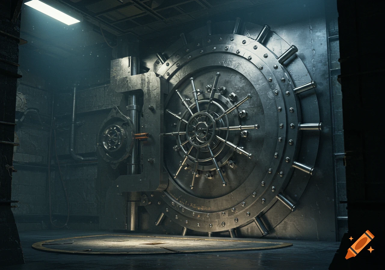 A large, circular metal vault door with many locking pins and a central wheel, set in a dark, industrial room with light shining from above.