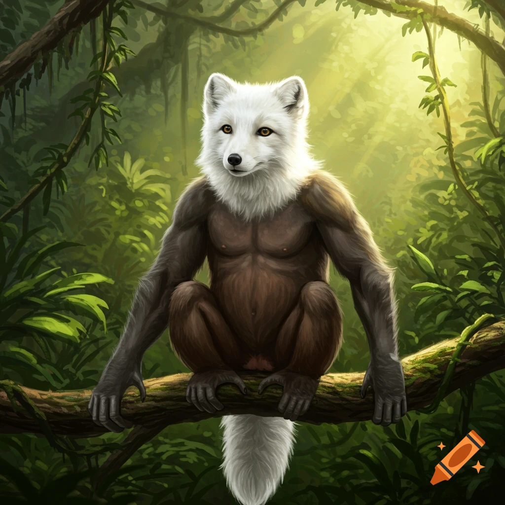A white-headed arctic fox with a chimpanzee body sits on a tree branch in a dense, sunlit jungle.