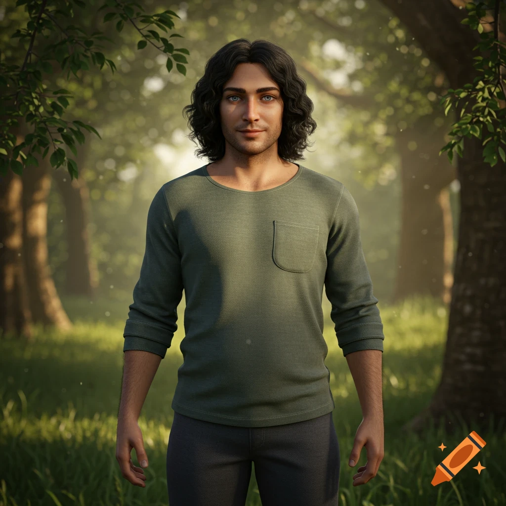 A man with dark curly hair and blue eyes wearing a green shirt stands in a sunlit forest.