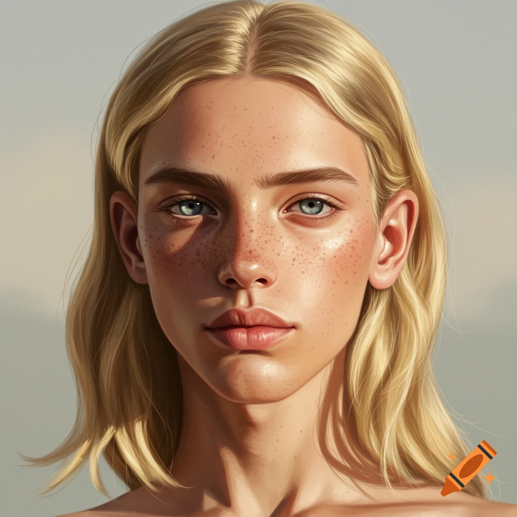 Close-up portrait of a blonde person with blue-grey eyes and freckles, against a blurred background.