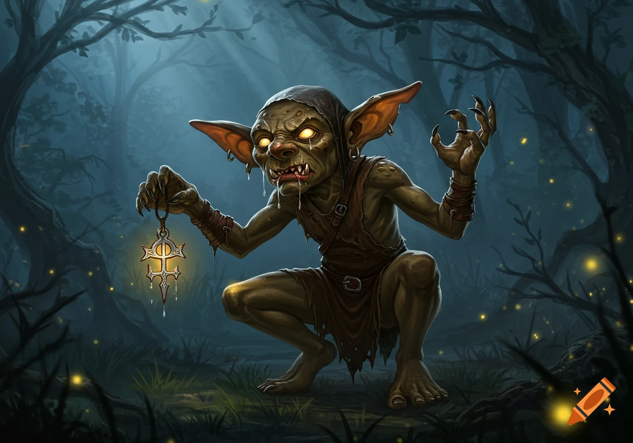A grotesque goblin with glowing eyes crouches in a dark, misty forest, holding a glowing holy symbol.