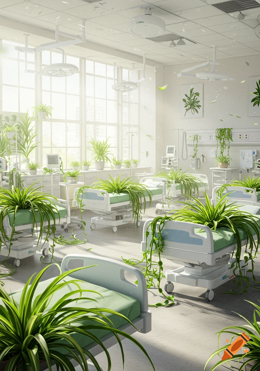 A sunlit hospital room with numerous spider plants overflowing from patient beds and pots, creating a surreal, green landscape.