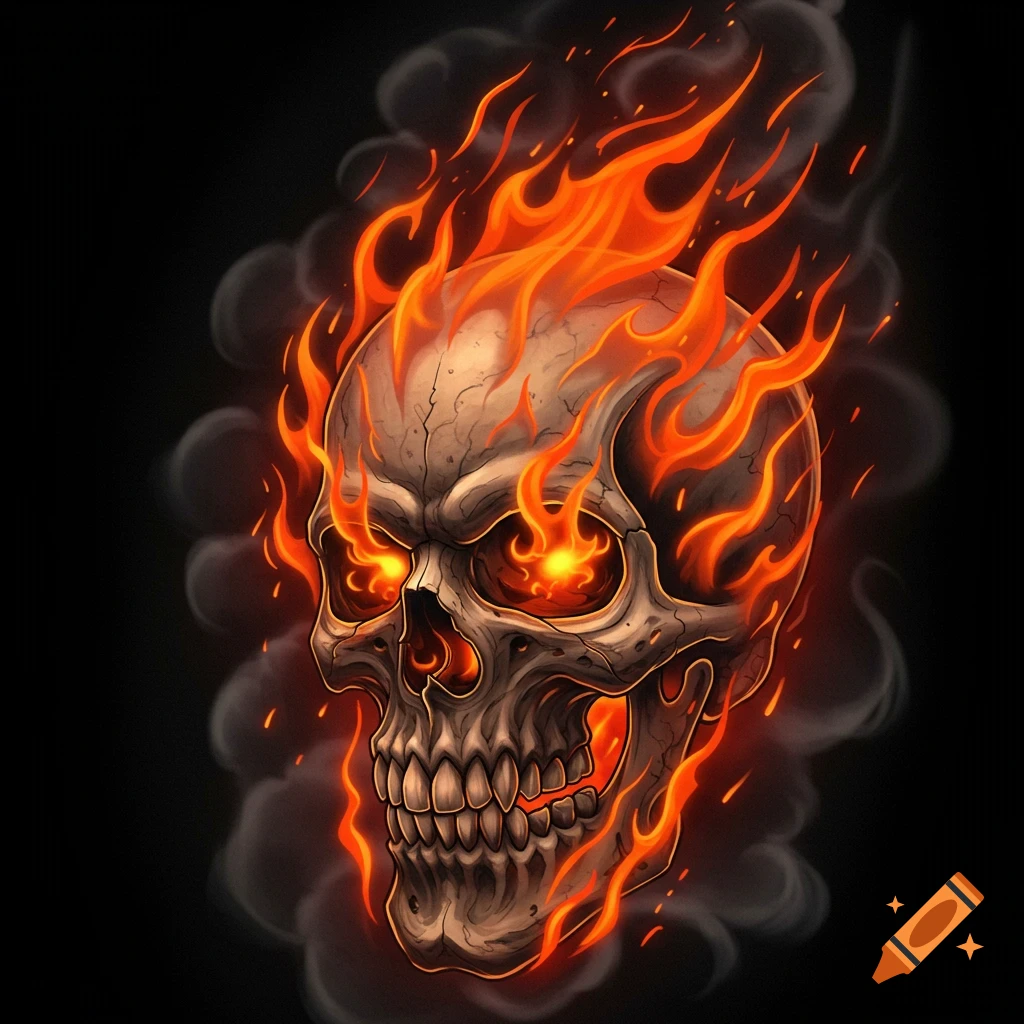 A stylized illustration of a skull engulfed in orange and yellow flames with glowing eyes, set against a dark background.