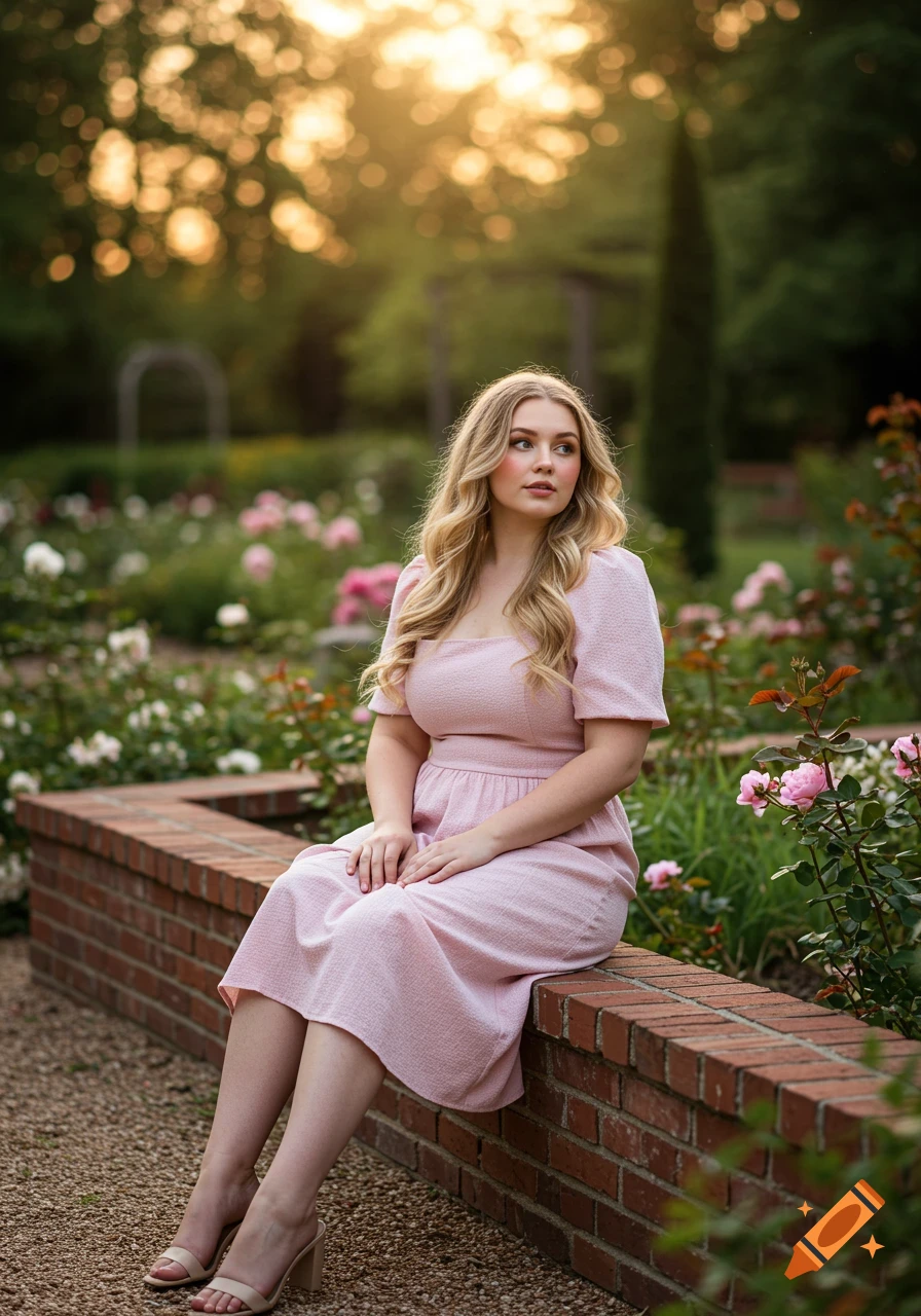 A young blonde woman in a pink midi dress sits on a brick wall in a rose garden at golden hour.