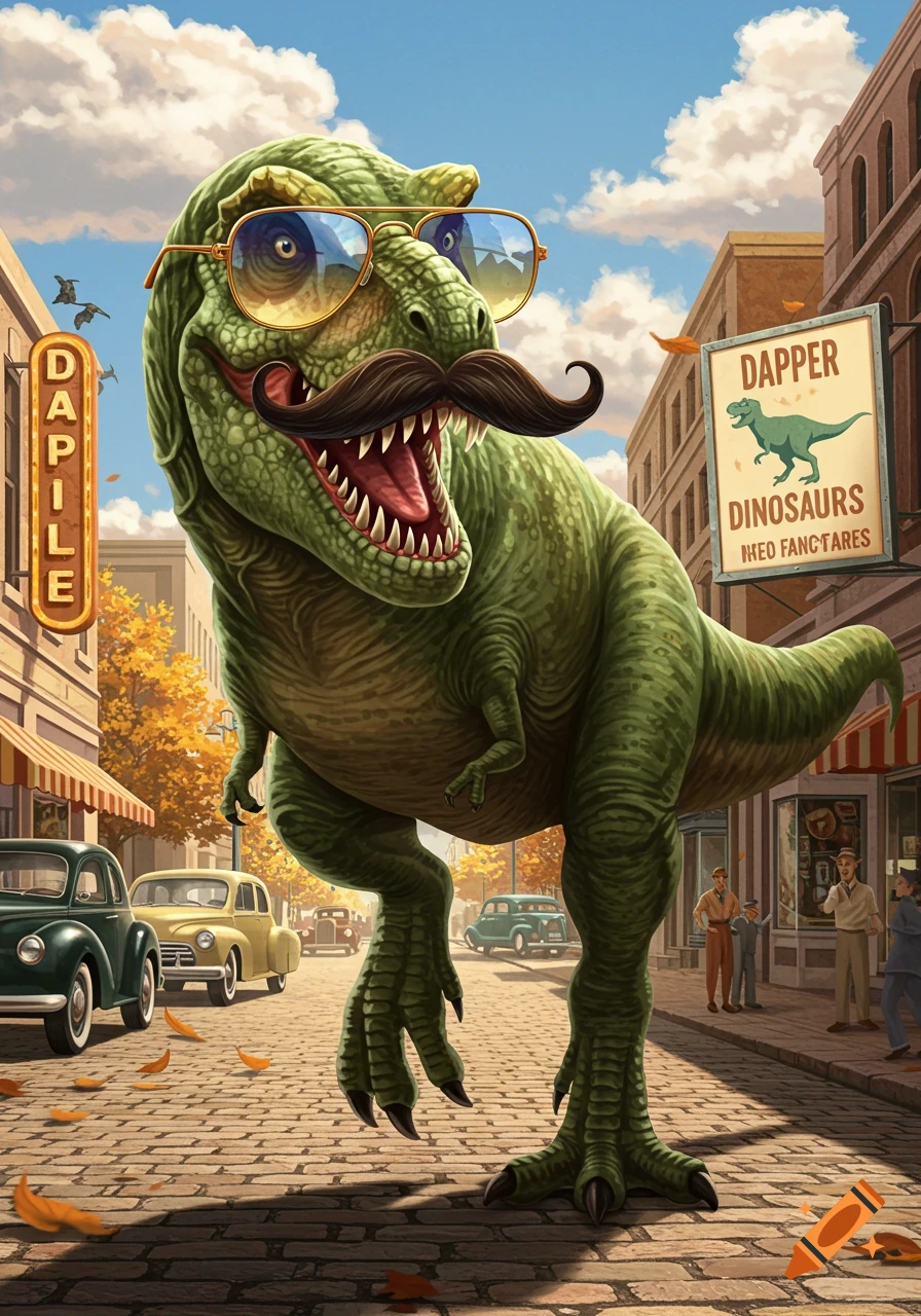 A large green T-Rex wearing sunglasses and a handlebar mustache stands on a cobblestone city street with vintage cars and buildings.