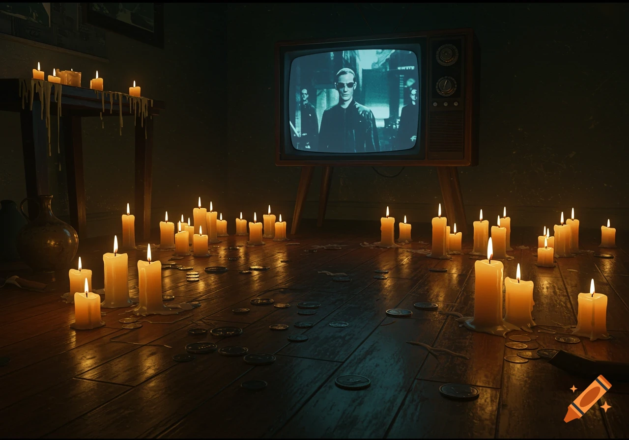 A dark room with many lit candles and scattered coins on a wooden floor. An old TV displays a scene from The Matrix.