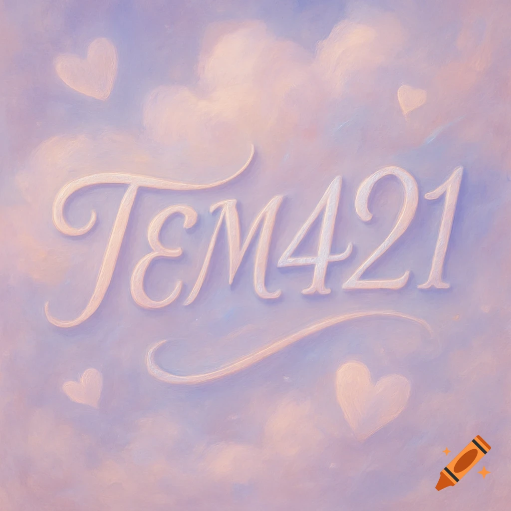 Stylized white text 'TEM421' on a soft pastel background with purple and pink clouds and hearts.