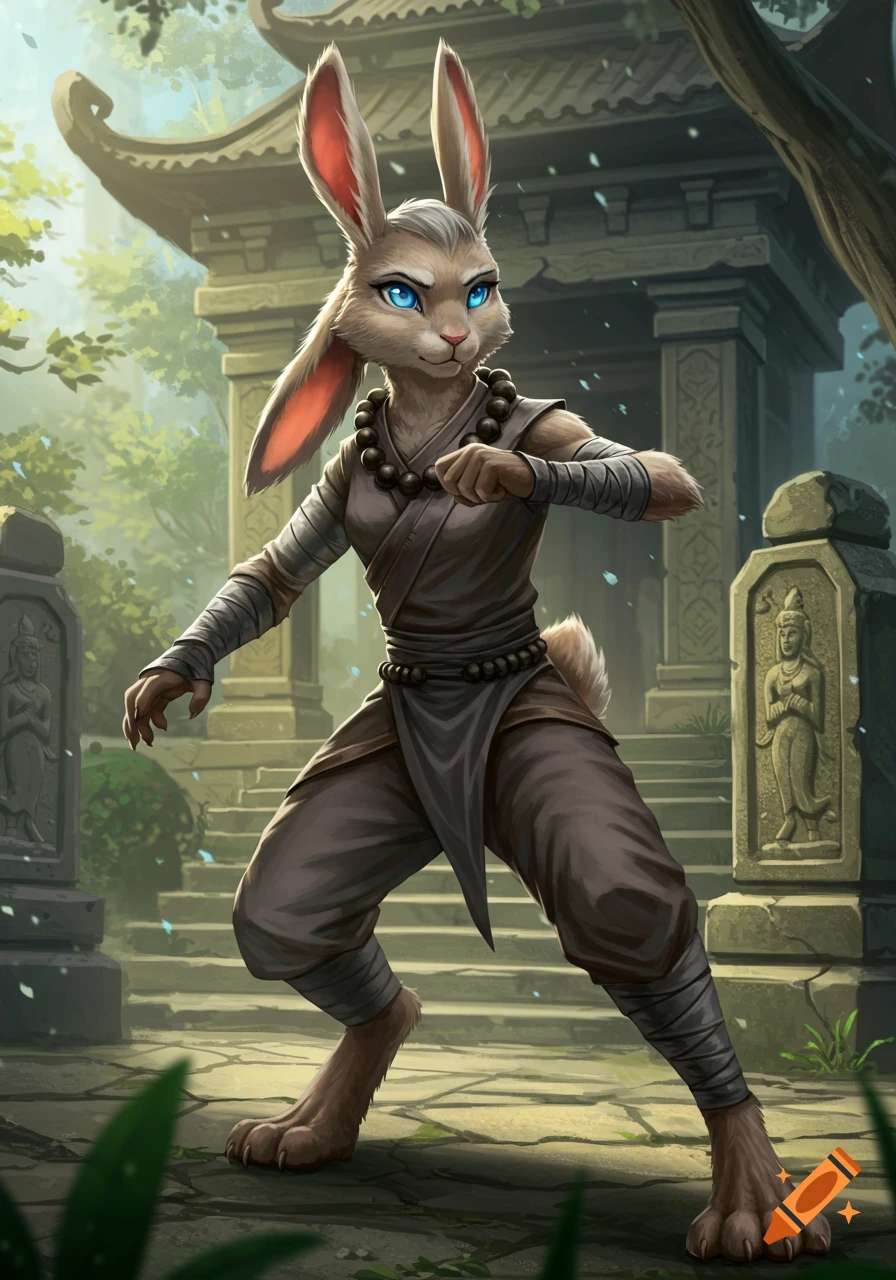 Humanoid bunny monk in a fighting stance within an ancient temple courtyard.