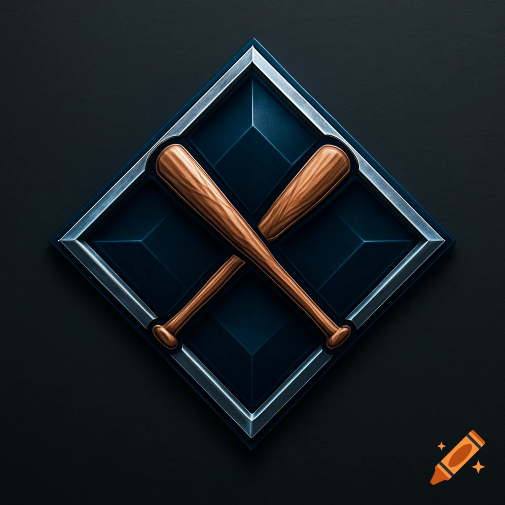 A stylized dark blue diamond-shaped logo with two crossed wooden baseball bats and a silver border, set against a dark background.