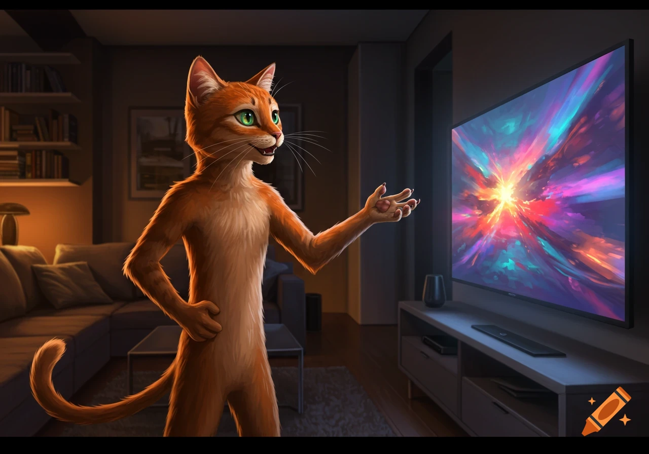 An orange anthropomorphic cat in a living room gestures toward a large TV screen showing a colorful, abstract explosion of light. Digital art.