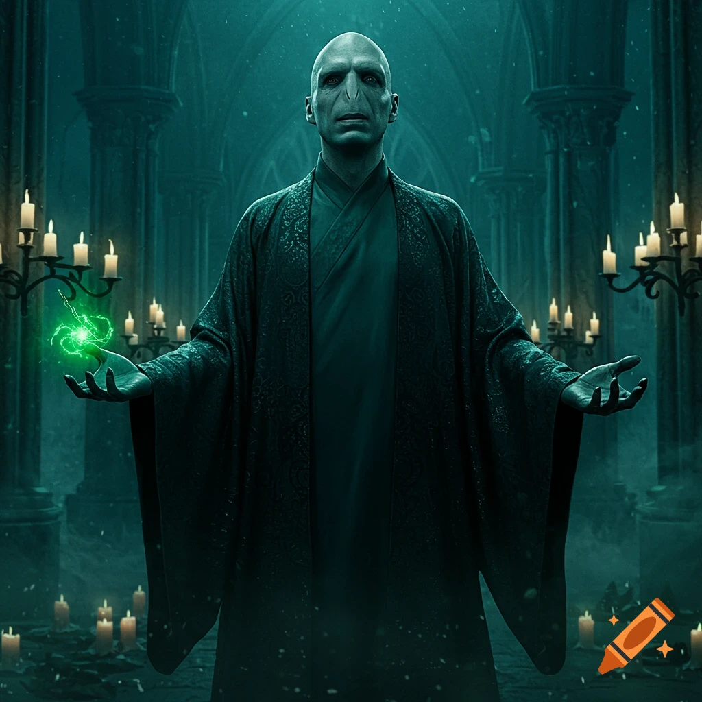 Voldemort stands in a dark, candlelit gothic hall, holding a glowing green spell.