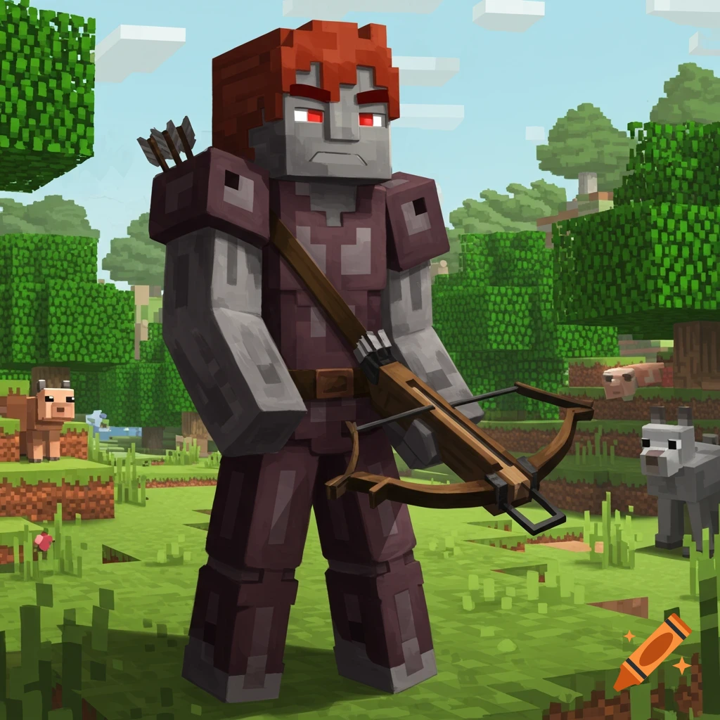 A blocky Minecraft-style character with red hair, grey skin, and purple armor holds a crossbow in a grassy, blocky landscape with trees and animals.