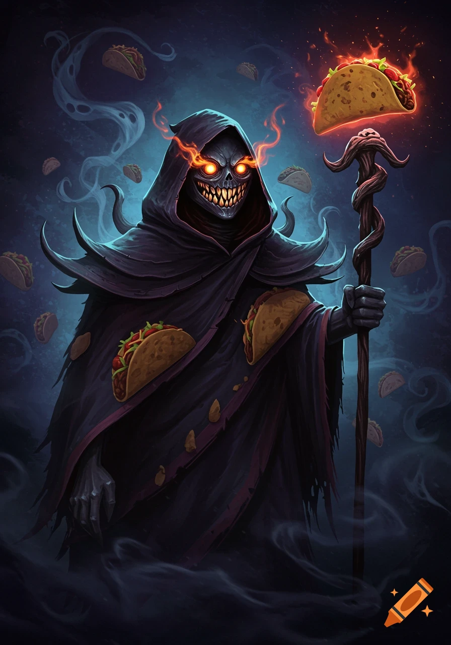 A dark fantasy illustration of a skull-faced grim reaper in a dark cloak with tacos, holding a staff with a flaming taco.