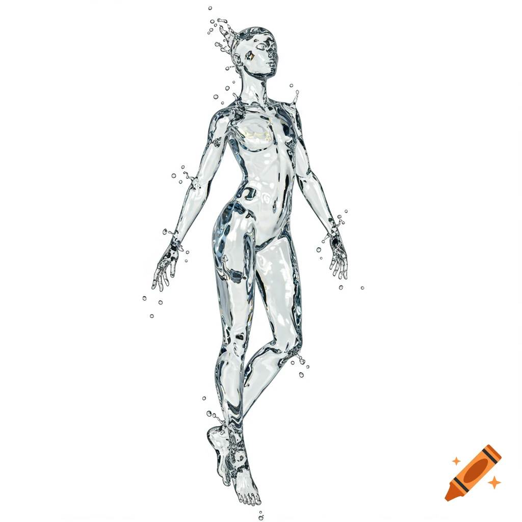 A translucent, androgynous figure made of water stands on a white background, with water droplets splashing off.