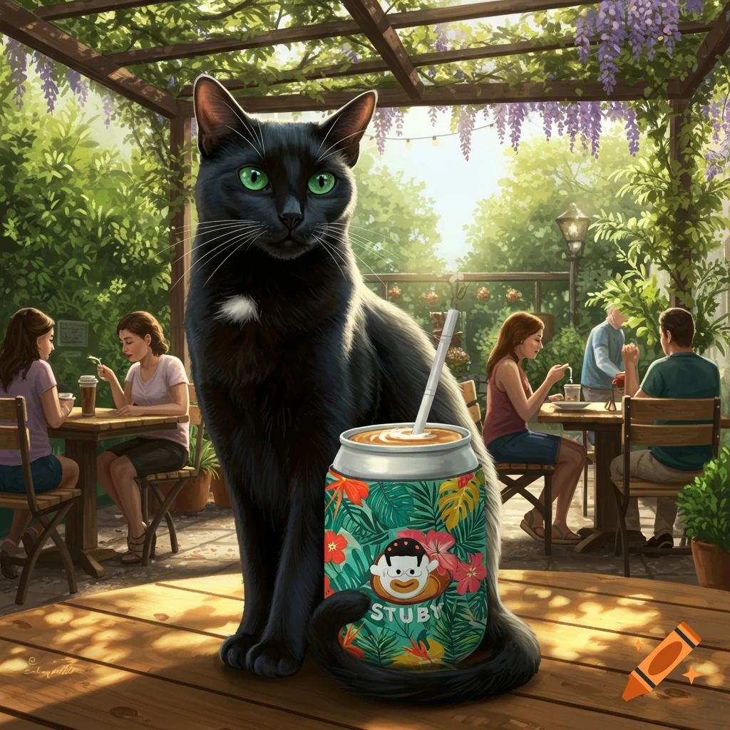 A large black cat with bright green eyes sits on a wooden deck next to a tropical drink can in an outdoor cafe setting.