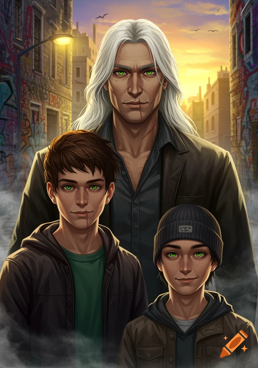 A tall man with white hair and two younger boys with brown hair and green eyes, one wearing a beanie, stand in an urban alley with graffiti at sunset.