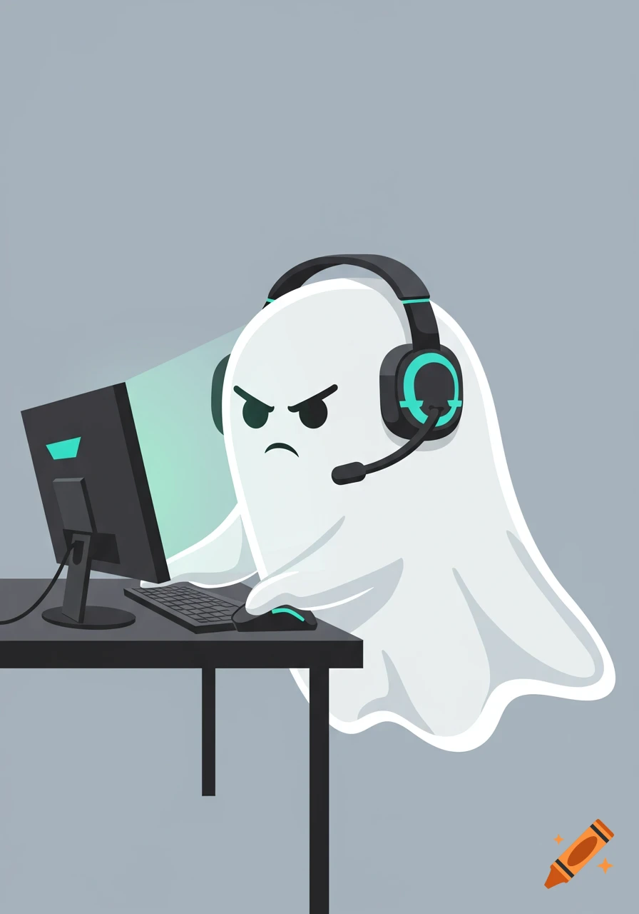 An angry cartoon ghost with a gaming headset plays a computer game, hand on mouse.