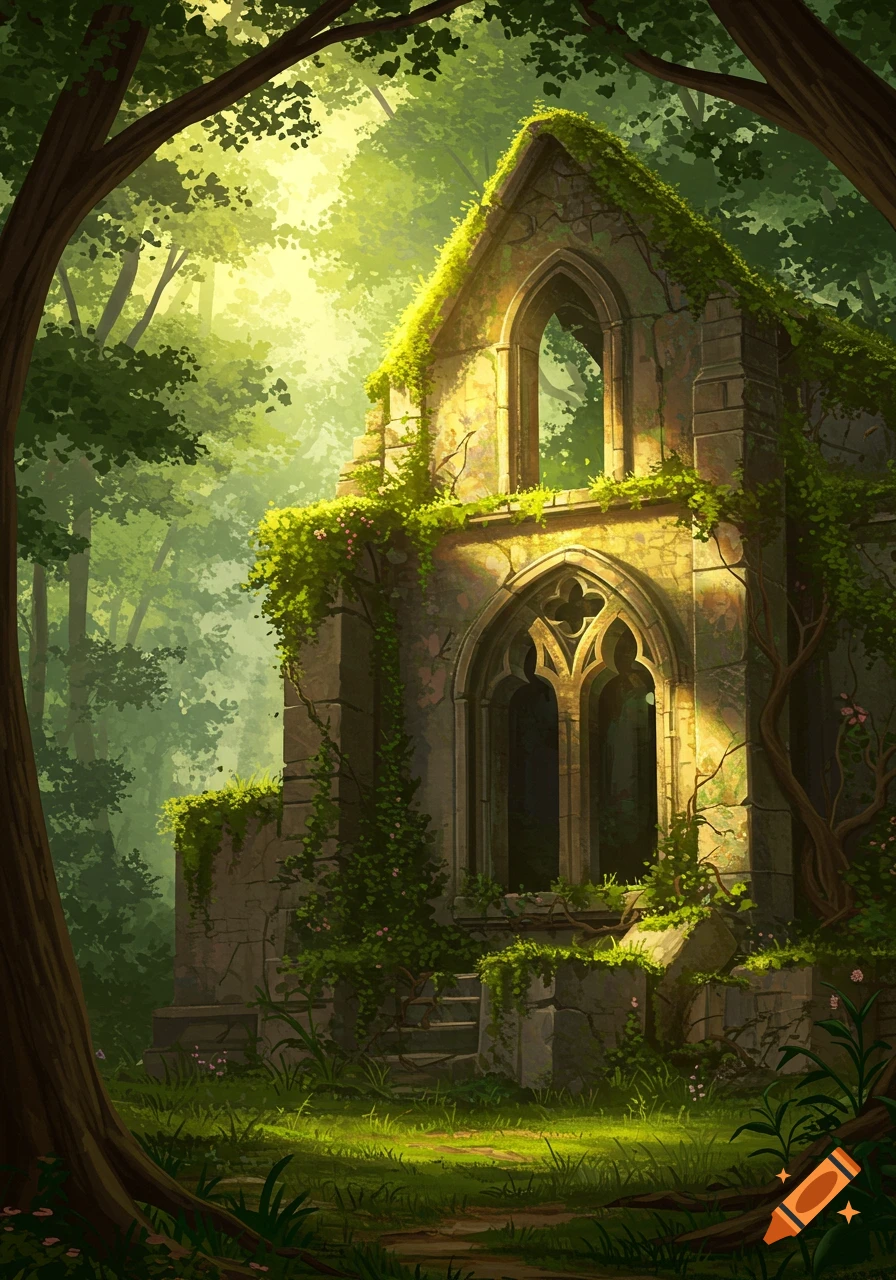 A ruined, moss-covered stone building with archways stands in a sunlit, vibrant green forest, framed by trees.