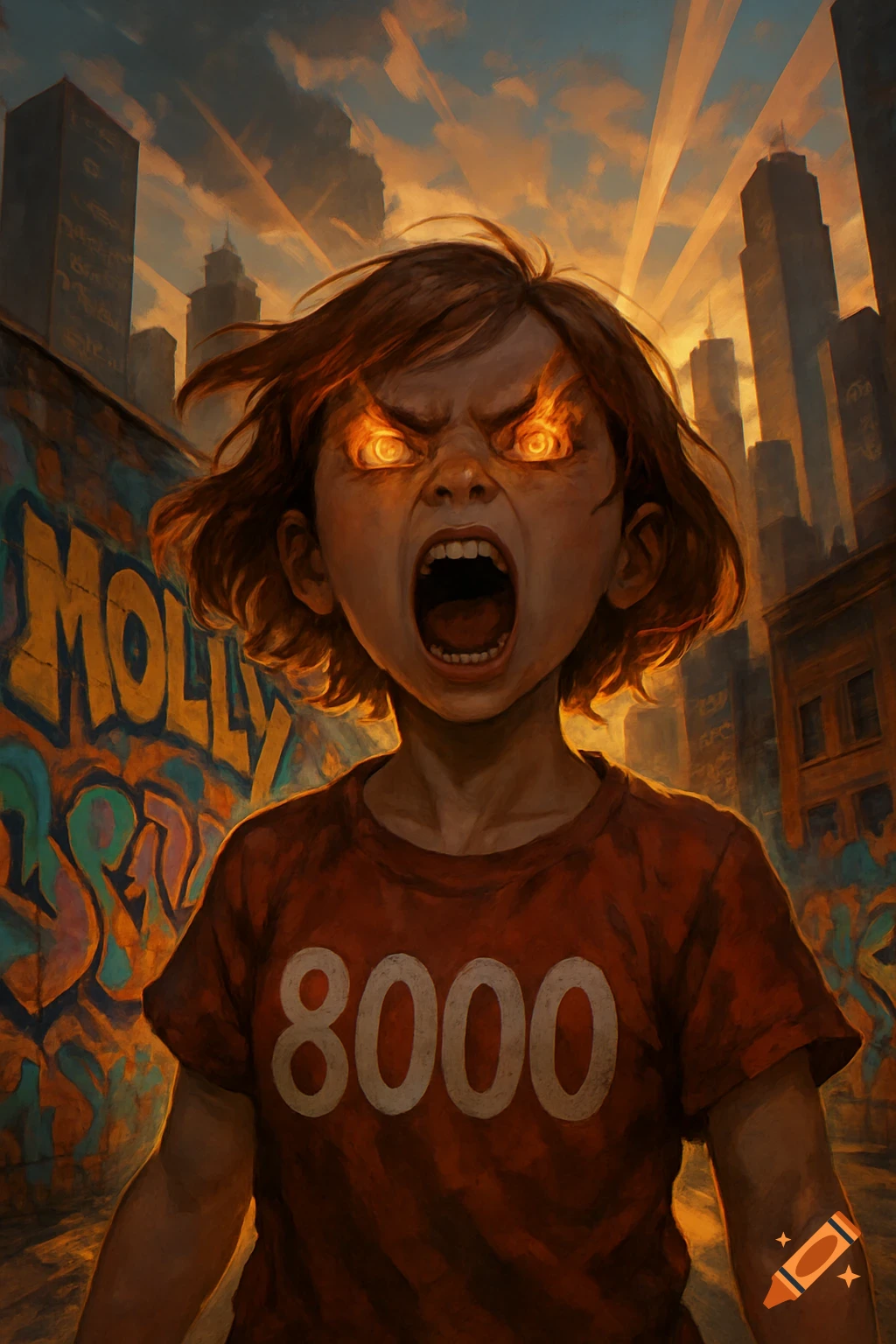 A young girl with fiery eyes screams in an urban alley, wearing a red shirt with '8000' and 'MOLLY' graffiti on the wall.