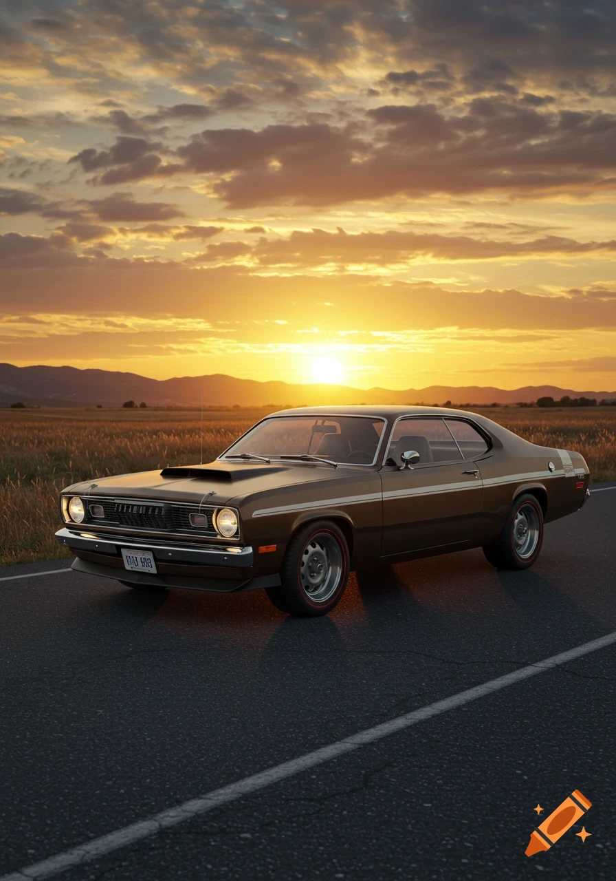 A brown classic car, a Plymouth Duster, parked on an asphalt road at sunset, with fields and mountains in the background, in a photorealistic style.